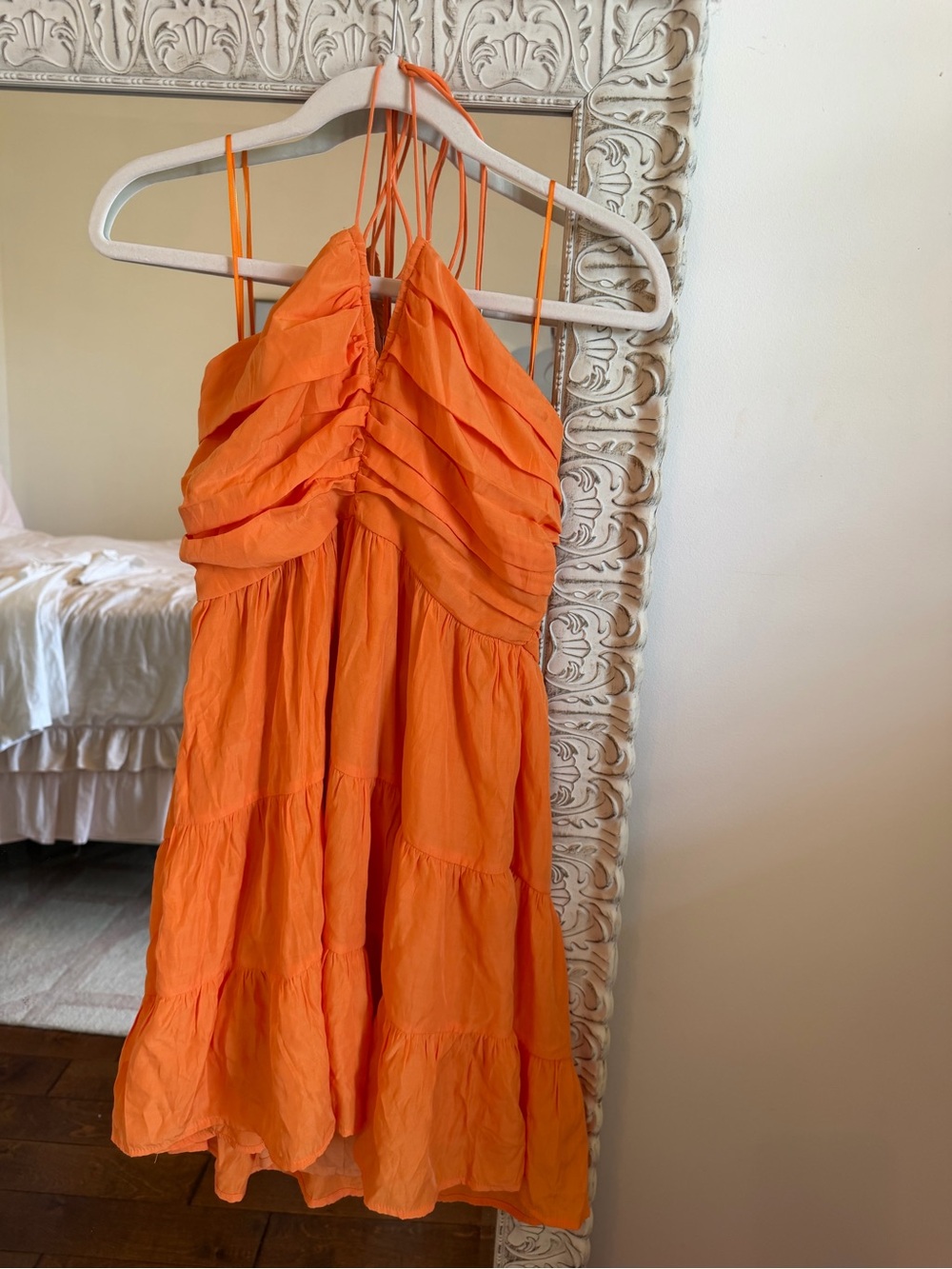 Brand New Day + Moon Tiered Orange Mini Sundress with Ruched Bodice